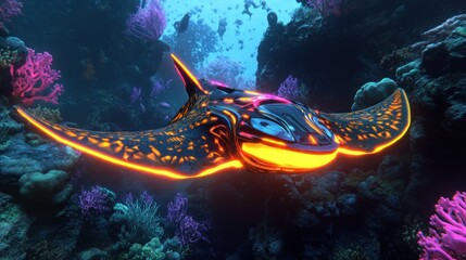 Futuristic bioluminescent stingray gliding among vibrant coral reefs fantasy world