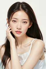 Fototapeta premium A woman with long black hair and a white tank top