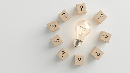 Glowing Light Bulb Surrounded by Question Mark Blocks on White Background