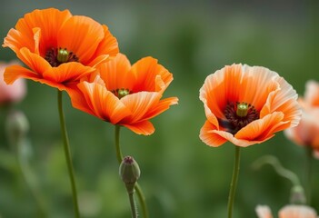 Obraz premium Delicate orange and white poppy blossoms, petals softly unfurled, elegant arrangement, bloom, field