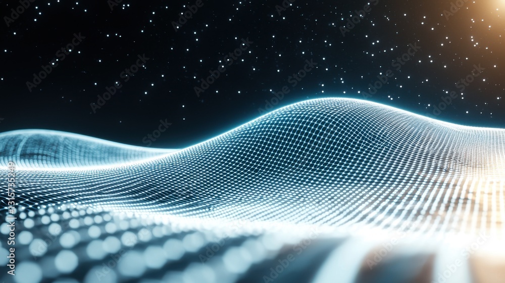 Poster pulsating blue neon grid with energy waves in high-tech environment