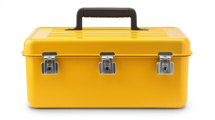 Yellow metal toolbox with black handle isolated on white background.