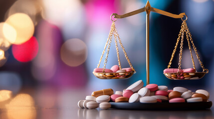 Balanced scales with health and risk elements, featuring various pills and capsules, symbolize importance of making informed choices