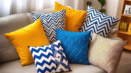 Colorful Arrangement of Geometric Patterned Pillows on a Cozy Sofa in a Bright Living Room with Inviting Atmosphere