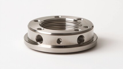 Close up of a metal part with threads and holes on a white background. Concept of engineering, manufacturing, and industrial equipment.