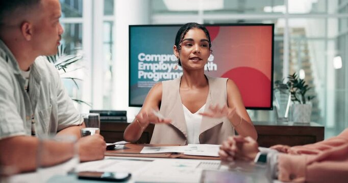 Business people, woman and insurance health rep in meeting with ad agency employees. Wellness specialist, company and advice for benefits, points system and recruitment for hospitalise cover