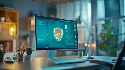 Close-up of a digital screen with a pop-up ad blocked by a shield icon, symbolizing ad-free browsing and online privacy protection in a modern workspace setting.