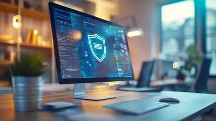 Close-up of a digital screen with a pop-up ad blocked by a shield icon, symbolizing ad-free browsing and online privacy protection in a modern workspace setting.