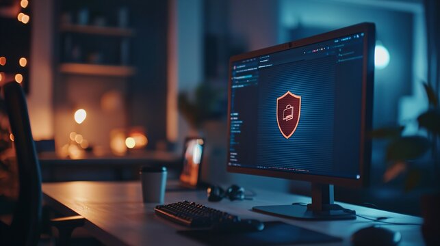 Close-up of a digital screen with a pop-up ad blocked by a shield icon, symbolizing ad-free browsing and online privacy protection in a modern workspace setting.