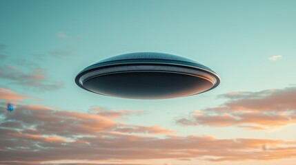 UFO flying in the sky with clouds. Concept of unidentified flying object, alien, and science fiction.