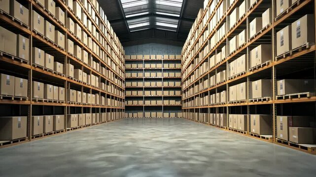 Exploring a large warehouse filled with neatly stacked cardboard boxes and pallets during daylight hours