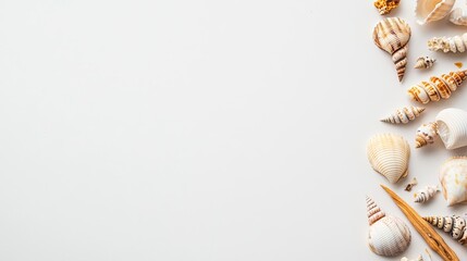Arrangement of Various Seashells on a Clean White Background Evoking a Tranquil Coastal Atmosphere