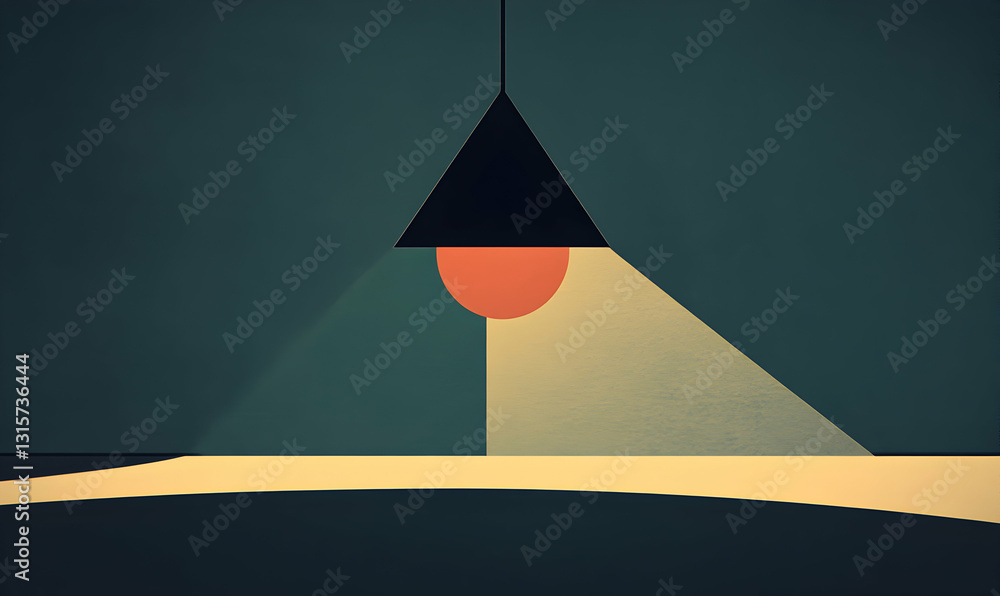 Poster abstract geometric composition featuring a minimalist hanging lamp casting shadows on a muted color 