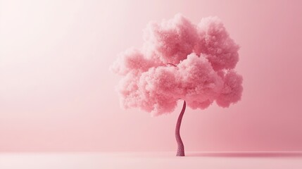  Surreal Pink Tree with Fluffy Foliage on Soft Pink Surface, Whimsical and Artistic Design