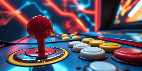 Colorful retro arcade machine with joystick and control buttons, illuminated in neon lights, capturing classic gaming nostalgia in a vibrant and playful atmosphere

