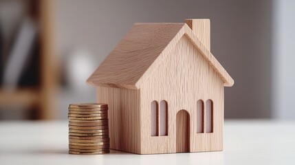 Wooden house model and stack of coins. Concept of investment, real estate, mortgage, and home savings.