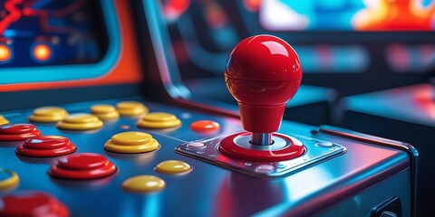 Colorful retro arcade machine with joystick and control buttons, illuminated in neon lights, capturing classic gaming nostalgia in a vibrant and playful atmosphere


