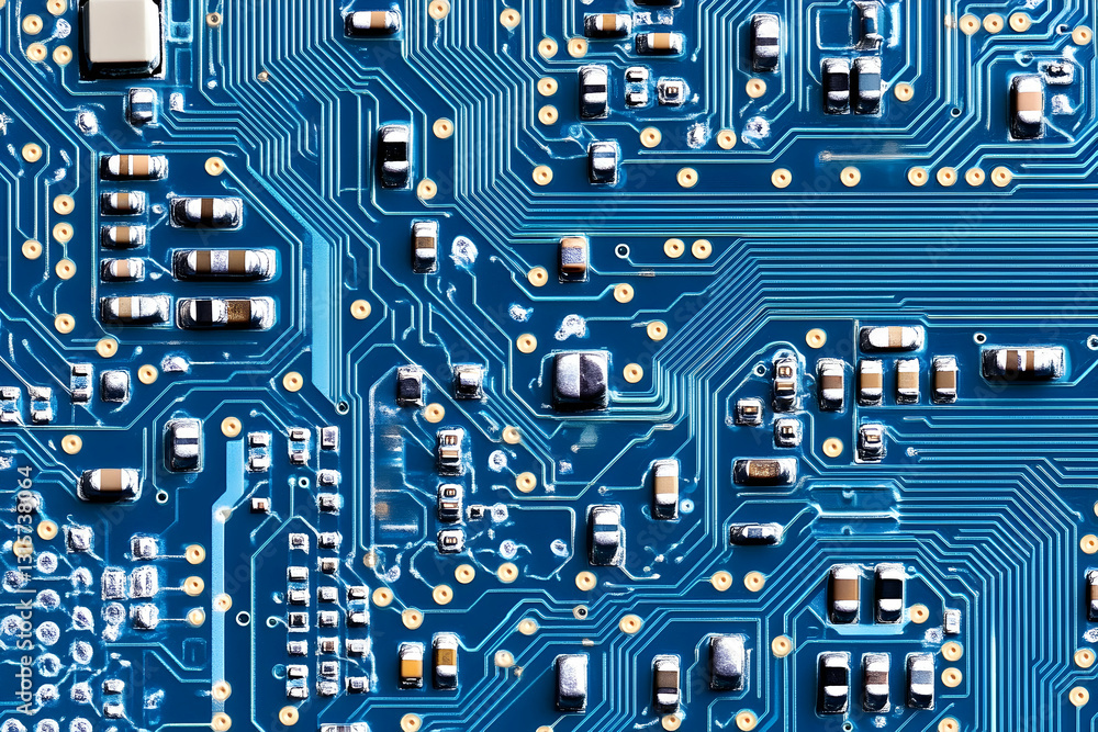 Poster close-up detailed view of a vibrant blue circuit board, showcasing intricate pathways and electronic