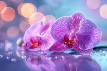 Fototapeta premium Luxurious Purple Phalaenopsis Orchid Flowers with Warm Bokeh Lights and Water Drops Reflection