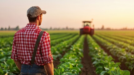 Fototapeta premium Farmer looking at his field with a tractor in the background. Concept of agriculture, farming, and rural life.