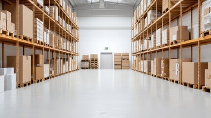 Obraz premium Wide Angle View of Vast Distribution Center with Empty Aisles