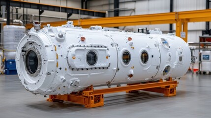 Axiom Space's first commercial space station module, ready for launch. The module is white with several windows and is sitting on an orange support structure.