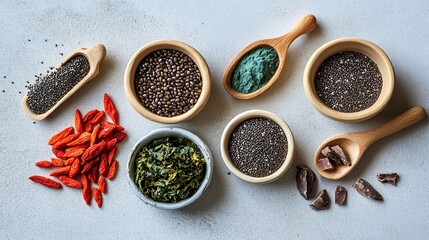 Flat Lay Display of Vibrant Superfoods Including Goji Berries and Chia Seeds