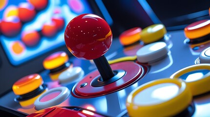 Colorful retro arcade machine with joystick and control buttons, illuminated in neon lights, capturing classic gaming nostalgia in a vibrant and playful atmosphere

