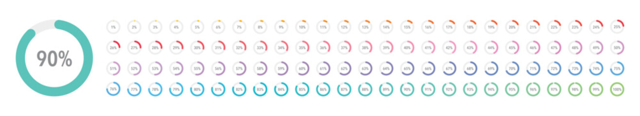 Set of round colorful infographic pie charts, template segment of circle icons 0% - 100%, simple flat design loading data interface elements app button ui ux web, vector isolated on white background