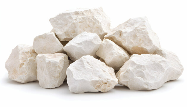 Pile of off-white kaolin clay rocks isolated on white background.  Perfect for industrial, cosmetic, or geological contexts.