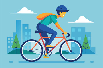 Fototapeta premium A cyclist pedals energetically through a modern city with green trees and buildings under a clear sky, Ride a bicycle Customizable Flat Illustration
