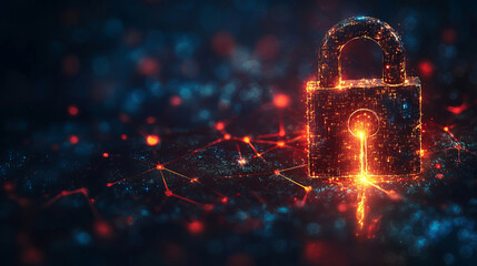 A digital padlock and key glow against a futuristic data network background, representing cybersecurity,' protection, and advanced virtual security technology.