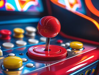 Colorful retro arcade machine with joystick and control buttons, illuminated in neon lights, capturing classic gaming nostalgia in a vibrant and playful atmosphere

