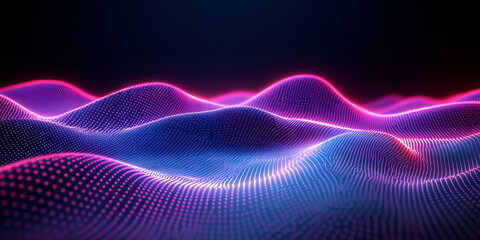 A glowing digital network of connected lines and dots stretches across a dark blue-purple gradient, representing big data, artificial intelligence, and futuristic scientific advancements.