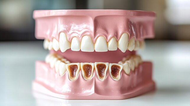 Dental model cavities highlighted used for educational purposes