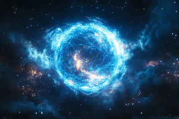 A glowing Earth, composed of interconnected blue geometric shapes, floats in space surrounded by stars, representing global networks, big data technology, and the future of digital communication.