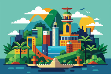 Naklejka premium A vibrant representation of Rio de Janeiro showcasing its famous buildings, mountains, and lush greenery, Rio de janeiro Customizable Disproportionate Illustration