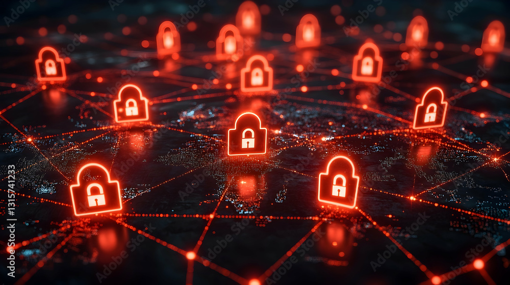 Poster global network security concept. red glowing padlocks interconnected across a world map. illustrates