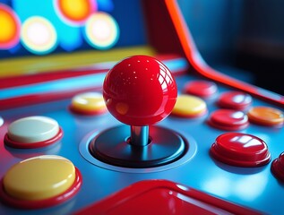 Colorful retro arcade machine with joystick and control buttons, illuminated in neon lights, capturing classic gaming nostalgia in a vibrant and playful atmosphere

