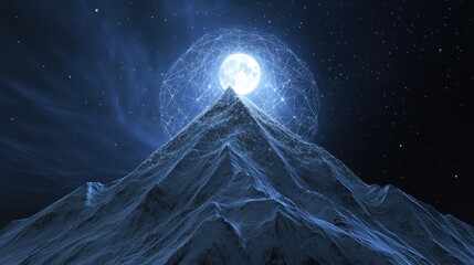 A mystical mountain peak touched by the light of a full and crescent moon, stars forming an intricate AI-generated star chart