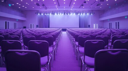 Empty conference hall with rows of chairs and stage. Concept of business, meeting, and presentation.