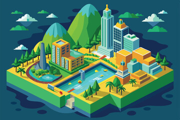 Explore a colorful isometric depiction of Rio de Janeiro featuring mountains, buildings, and a swimming pool, Rio de janeiro Customizable Isometric Illustration