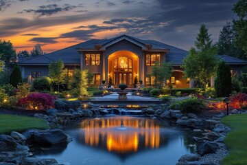 Obraz premium Luxurious large mansion estate illuminated at twilight reflected in front pond and fountain