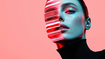 Close-up portrait with pixelated effect and blue eye shadow