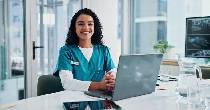 Face, nurse and happy woman with laptop in hospital for healthcare service, radiology or x ray results. Medical professional, computer and portrait of worker with online report for ct scan in Mexico