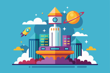 Naklejka premium A vibrant, customizable flat illustration showcases a futuristic city with a clock tower, rocket, and planet, Rising Customizable Flat Illustration