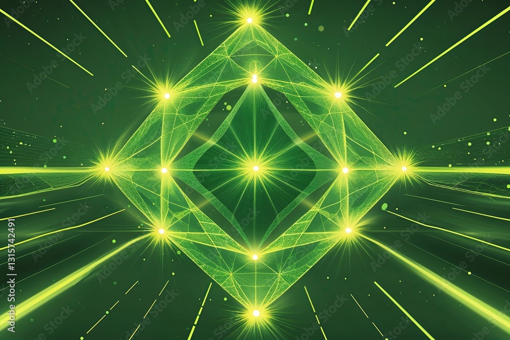 Poster vibrant chartreuse tetrahedron background with intrusive dots and lines for technology and digital s