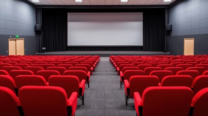 Obraz premium Empty movie theater with red seats and a large screen. Concept of entertainment, cinema, and performing arts.