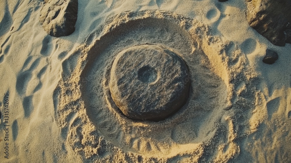 Poster centered smooth stone surrounded by concentric circles in sand representing stability and inner stre