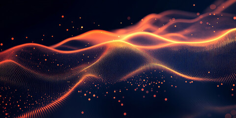 Obraz premium A glowing digital data stream flows across a dark blue background, with orange binary code and shimmering particles of light, representing advanced technology and futuristic communication.